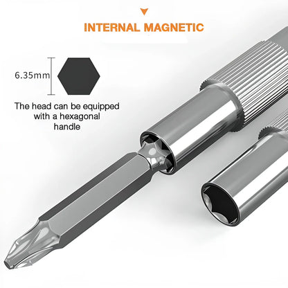 A flexible drill bit extender made of soft metal that can be bent, twisted, and rotated to reach tight spaces