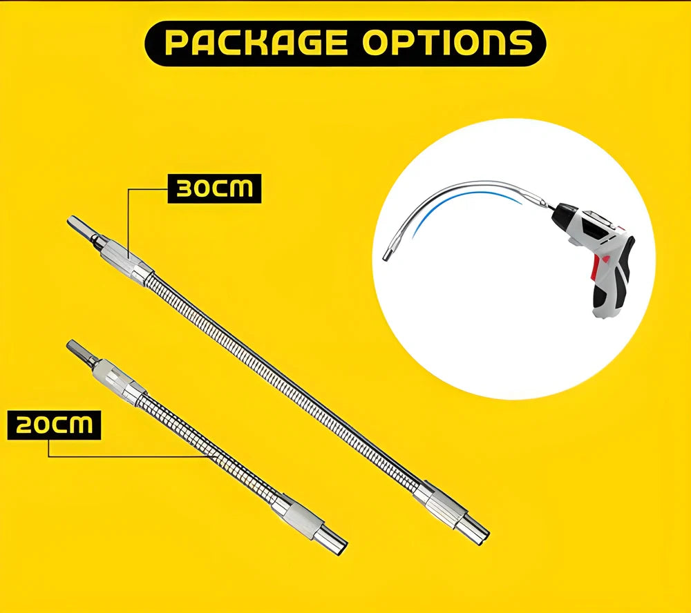 A flexible drill bit extender made of soft metal that can be bent, twisted, and rotated to reach tight spaces