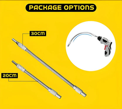 A flexible drill bit extender made of soft metal that can be bent, twisted, and rotated to reach tight spaces