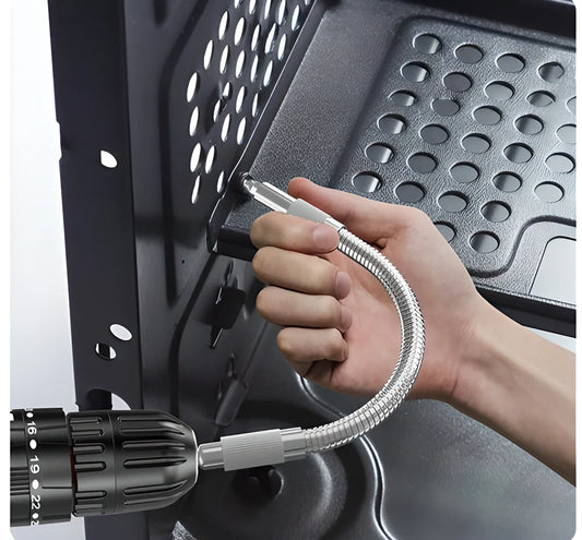 A flexible drill bit extender made of soft metal that can be bent, twisted, and rotated to reach tight spaces