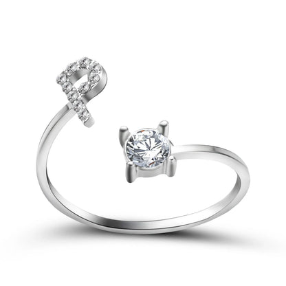 Customizable adjustable ring with 26 letters for women, featuring zircon stones and copper alloy construction