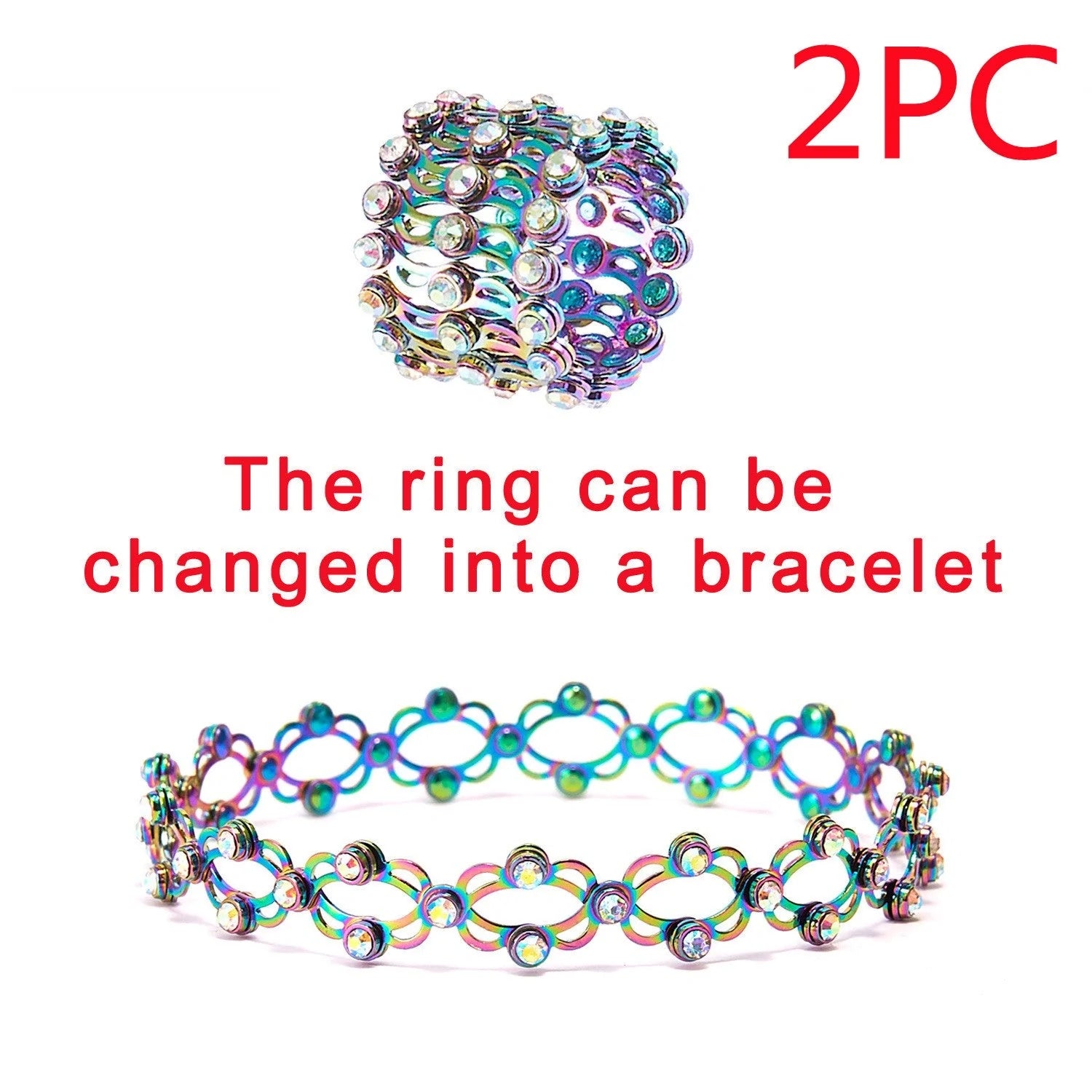 2-in-1 folding retractable rings bracelet with rhinestone detail, adjustable design