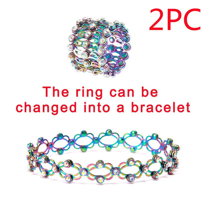 2-in-1 folding retractable rings bracelet with rhinestone detail, adjustable design