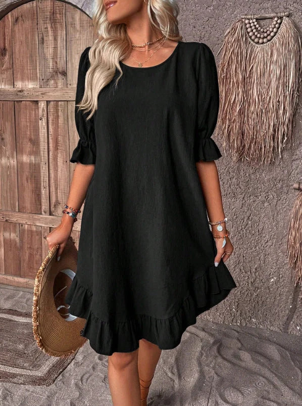 Stylish cotton linen ruffle dress for summer in various colors