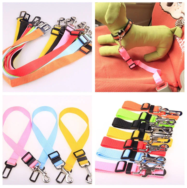 Adjustable dog seatbelt made of durable nylon material with heavy-duty hardware for secure pet travel