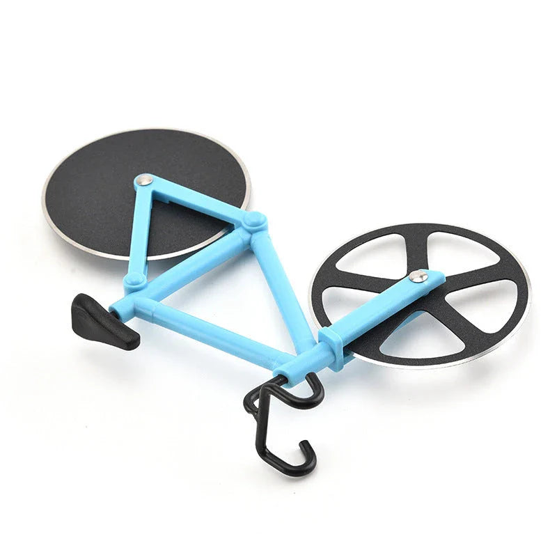 Stainless steel pizza cutter with modern bicycle-inspired design for effortless slicing of pizzas, flatbreads, and more