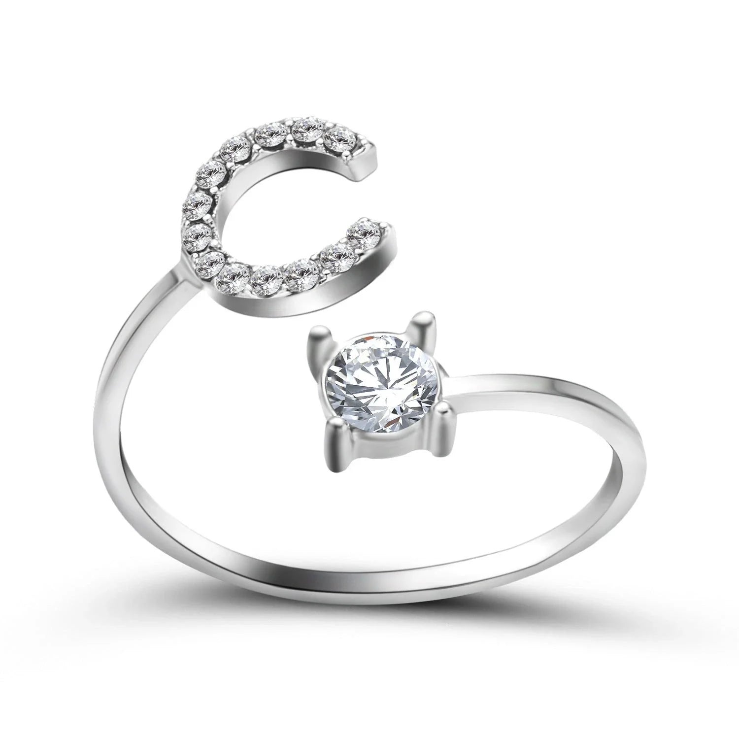 Customizable adjustable ring with 26 letters for women, featuring zircon stones and copper alloy construction