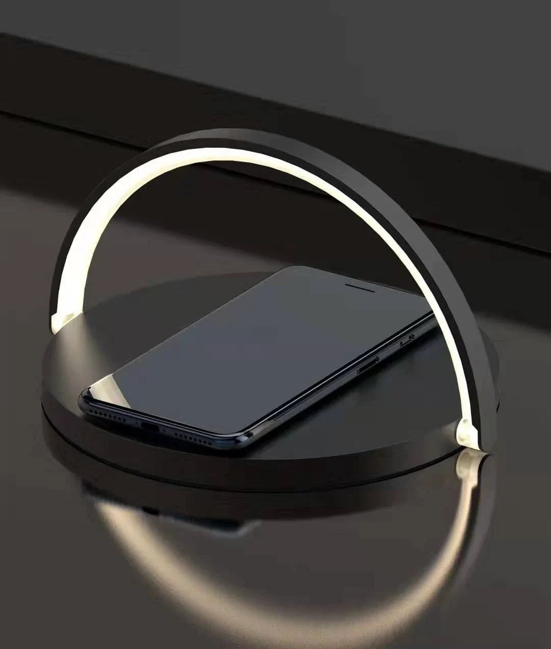 Foldable wireless charging stand with integrated LED table lamp for smartphones