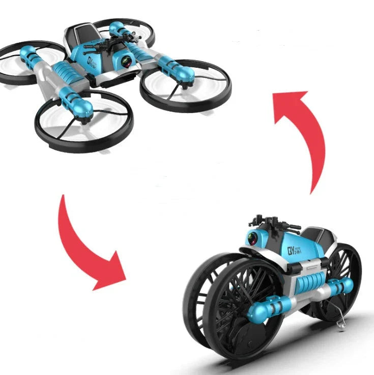 A foldable 2-in-1 drone and motorcycle hybrid with a 0.3MP camera, altitude hold, and intuitive controls for versatile aerial and ground exploration.