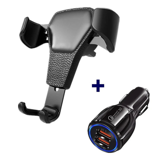 Leather grain gravity mobile phone car holder in black and white, securing a smartphone in a car