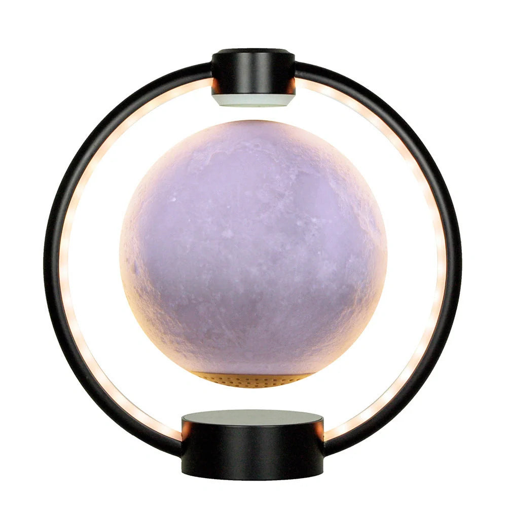 Levitating Bluetooth speaker with moon-shaped orb, colour-changing LED lights, and wooden base