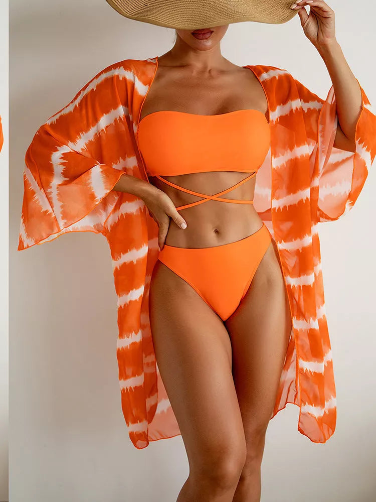 Women's orange nylon chiffon three-piece swimsuit with chest cushion