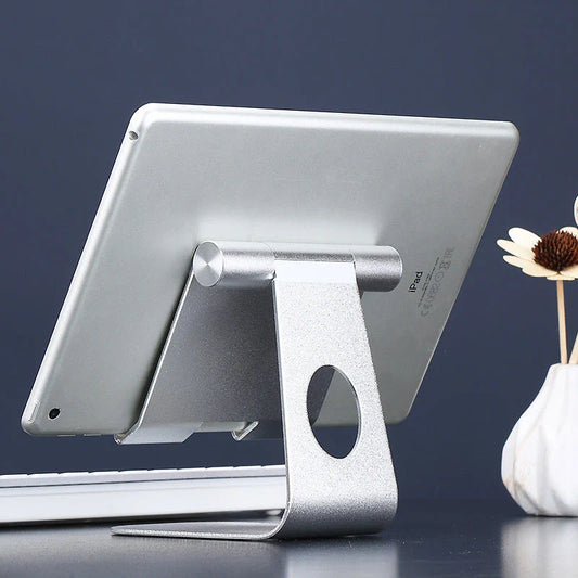 Adjustable tablet stand made of aluminium alloy with secure gripping hooks and soft protective cushions
