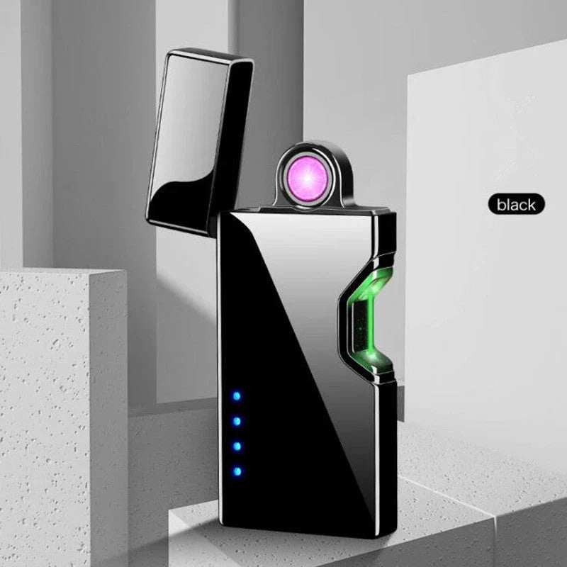 USB rechargeable rotating lighter with metal construction, lacquered finish, and windproof design for safe, eco-friendly ignition
