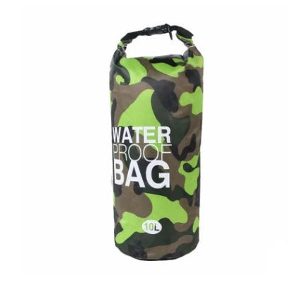 Camouflage waterproof bucket bag for outdoor adventures, available in multiple sizes and colours.