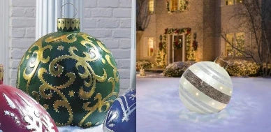 Inflatable Christmas baubles in various festive designs for outdoor holiday decoration