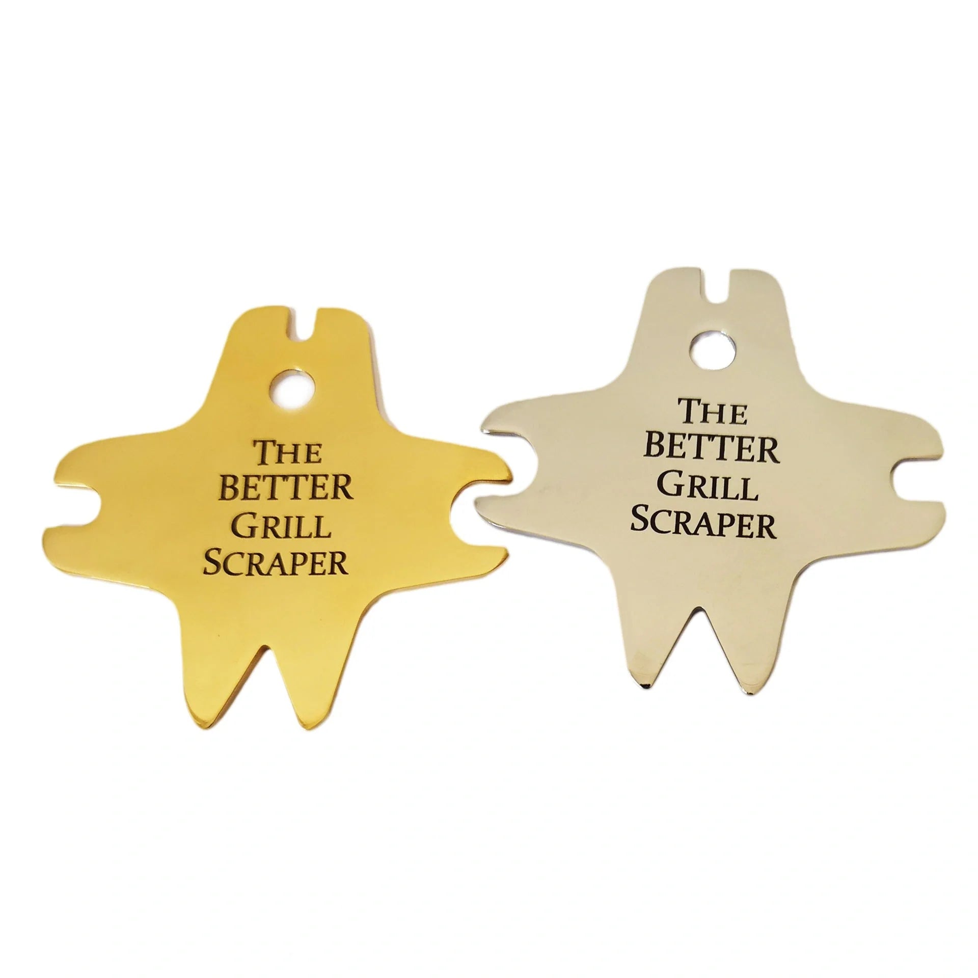 Premium stainless steel barbecue grill scraper in classic gold and silver finishes for efficient cleaning and maintenance of outdoor cooking surfaces
