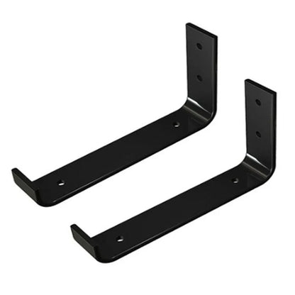 Sturdy black iron wall shelves in three sizes for displaying books, decor, and more in a rustic home setting