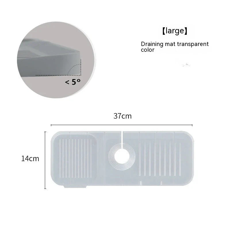 Premium silicone faucet splash guard with sloped design and dual drainage channels to prevent sink splashes and keep countertops dry.