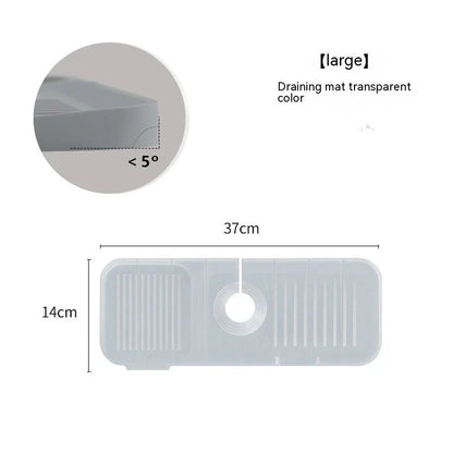 Premium silicone faucet splash guard with sloped design and dual drainage channels to prevent sink splashes and keep countertops dry.