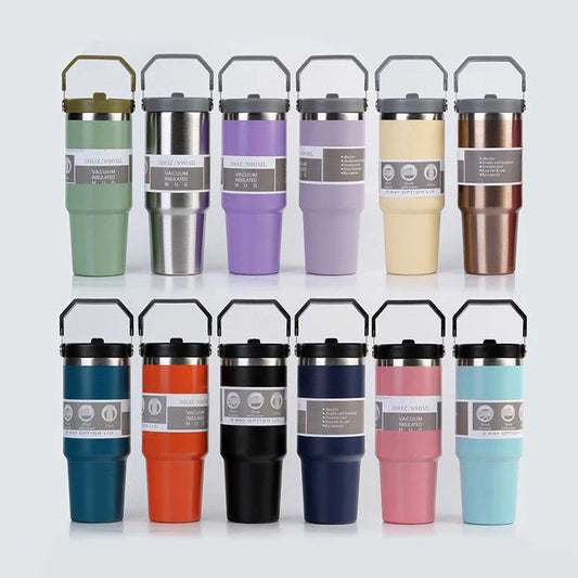 Stainless steel insulated tumbler with handle, available in multiple colors and sizes, designed to keep drinks hot or cold for hours.