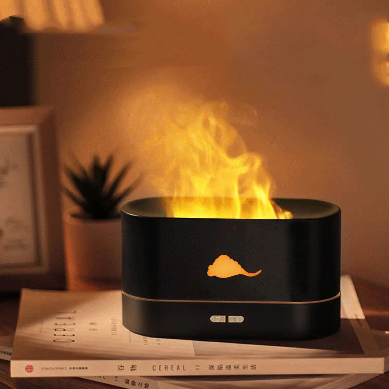 Flame Humidifier with 3D flame effect and aromatherapy function on desktop