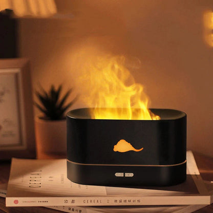 Flame Humidifier with 3D flame effect and aromatherapy function on desktop