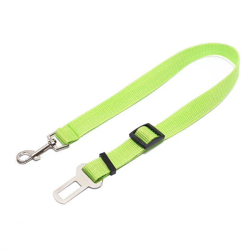 Adjustable dog seatbelt made of durable nylon material with heavy-duty hardware for secure pet travel