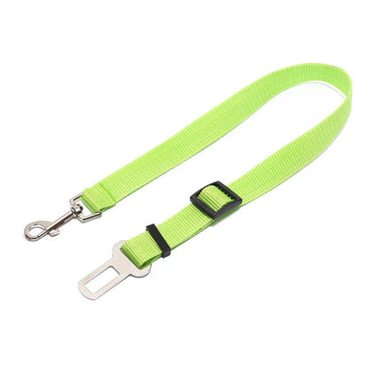 Adjustable dog seatbelt made of durable nylon material with heavy-duty hardware for secure pet travel