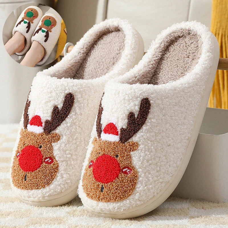 Cozy elk-themed slip-on house slippers in festive red and green colors with plush, soft materials for comfortable holiday relaxation