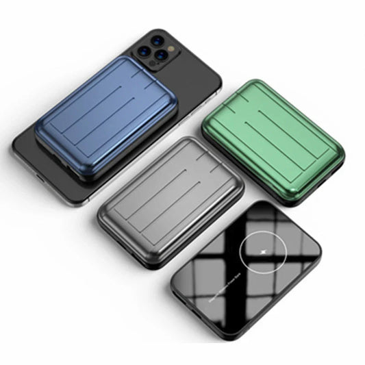 Premium 15W magnetic wireless power bank in three stylish colours: green, blue, and grey