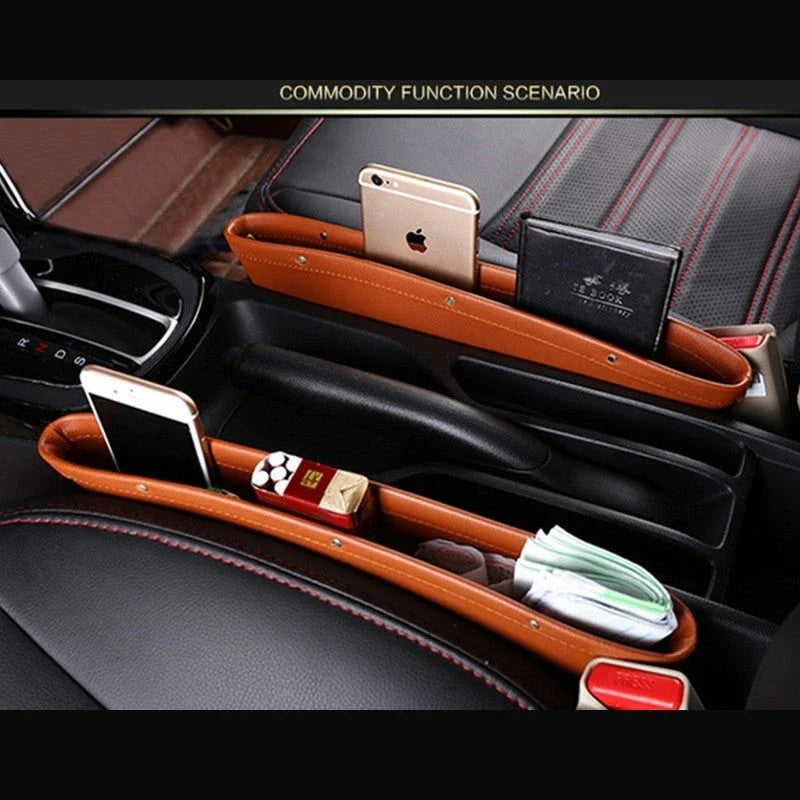 Premium Faux Leather Car Seat Organiser Caddy in various colours, providing convenient storage for phones, keys, and other small items