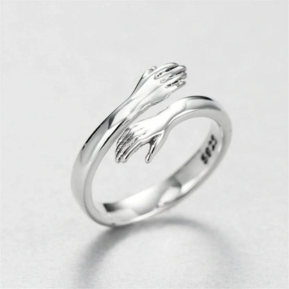 Adjustable love hug couple ring in brass and white steel, men's 18mm, women's 16mm