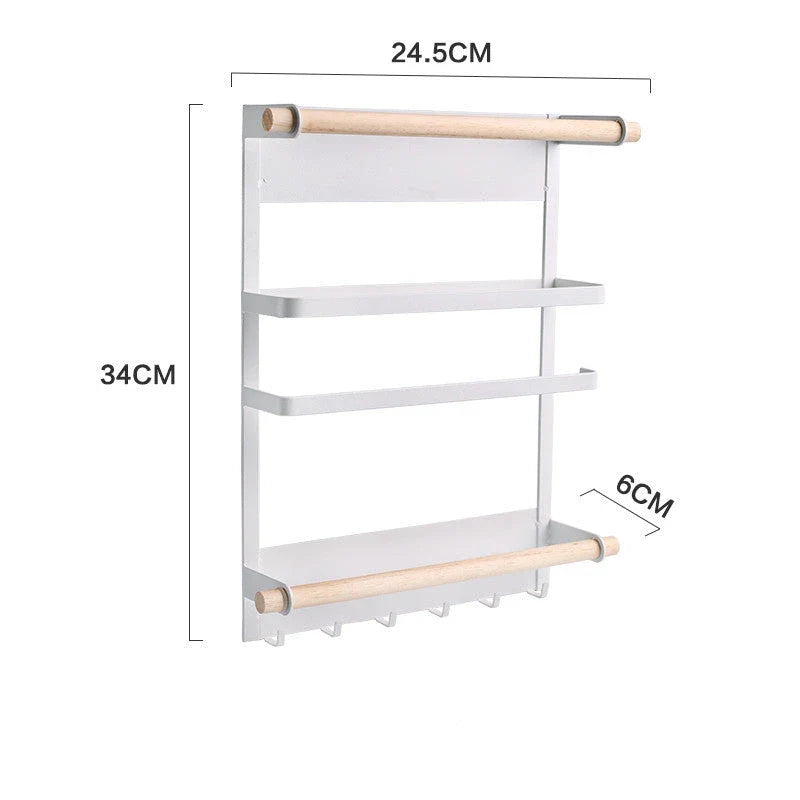 Stylish magnetic refrigerator rack with six storage hooks and wooden crossbar for organising kitchen essentials