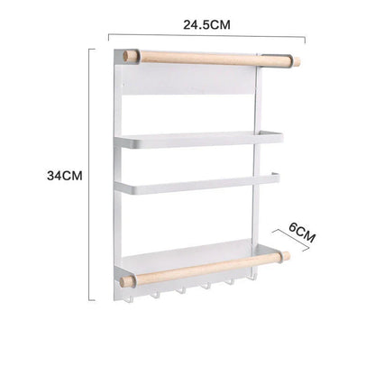 Stylish magnetic refrigerator rack with six storage hooks and wooden crossbar for organising kitchen essentials
