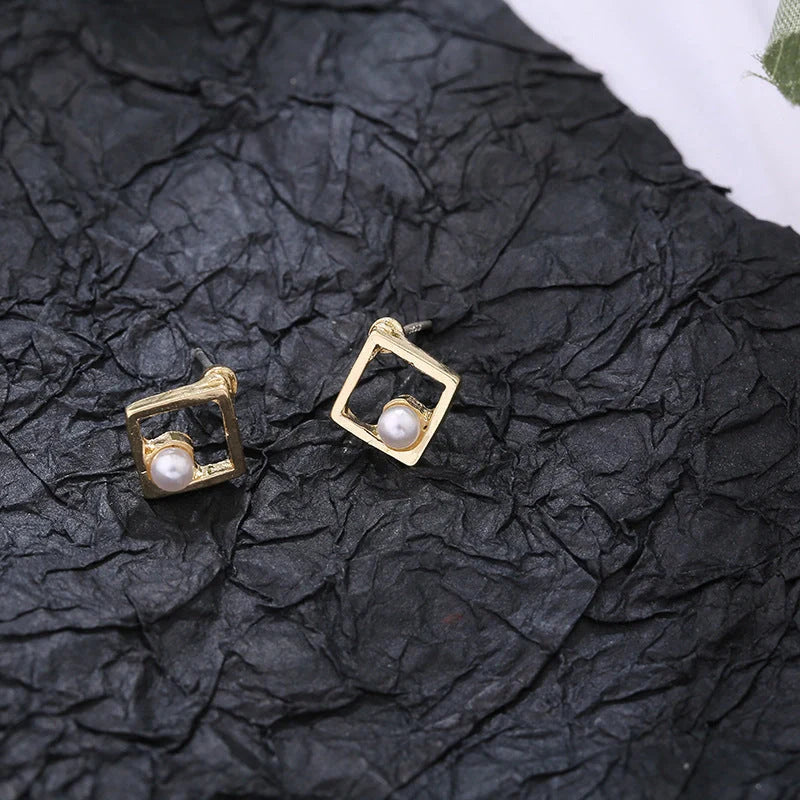 Hollow diamond square stud earrings in alloy with various finishes