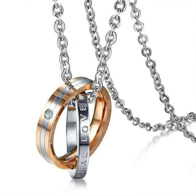 Stainless steel couple necklace with black men's and rose gold women's versions