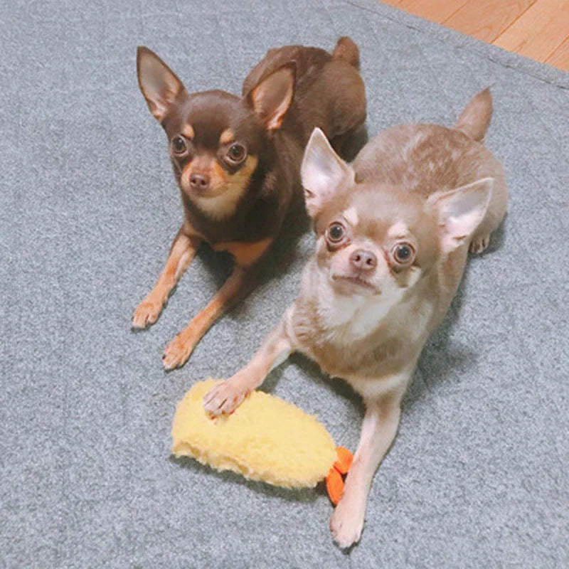 Adorable plush fried shrimp tempura squeaky dog toy for chewing, dental care, and anxiety relief
