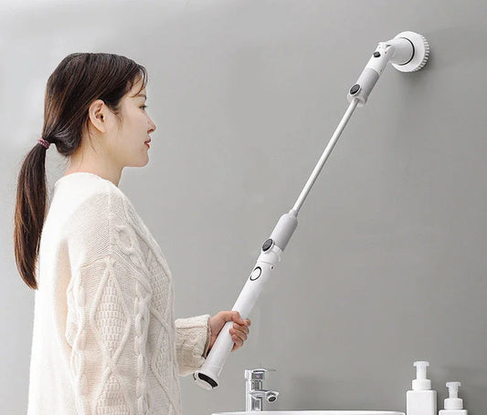 Versatile wireless electric cleaning brush with long retractable handle, suitable for cleaning tough stains and hard-to-reach areas in the home and car