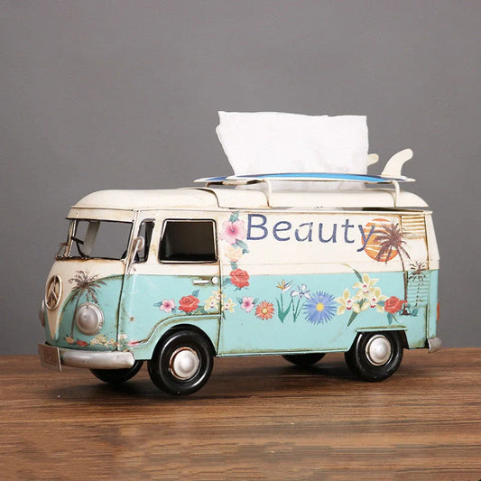 Handcrafted multicolour retro bus tissue box for home decoration
