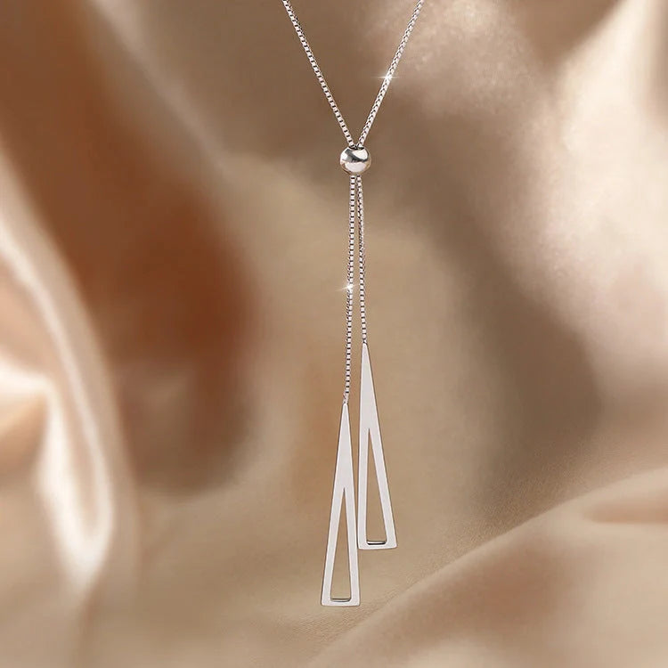 Adjustable sterling silver geometric triangle clavicle necklace for women, modern Korean style jewellery