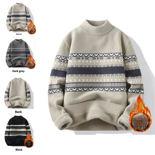 Men's mock neck velvet knit pullover in dark grey, black, and apricot