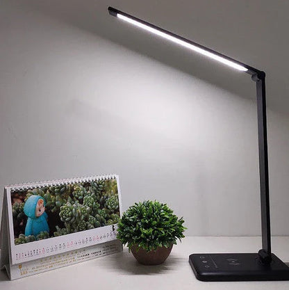 Premium wireless charging LED desk lamp with adjustable lighting, auto-timer, and foldable design for a customisable workspace