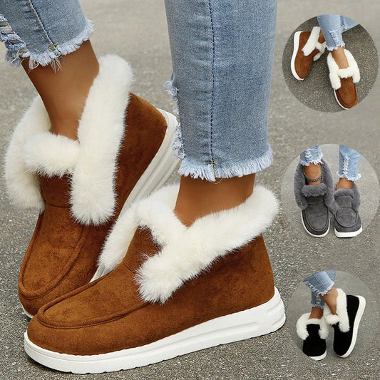 Warm plush ankle boots with suede uppers and artificial fur lining, available in black, grey, and brown colors.