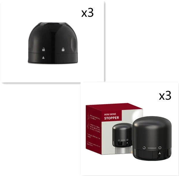 Premium silicone wine and champagne bottle stoppers in black colour, designed to create an airtight seal and lock in freshness