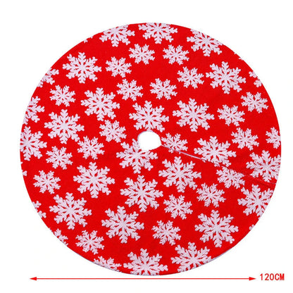 Soft, plush Christmas tree carpet skirt in red and grey, adding festive charm to a living room