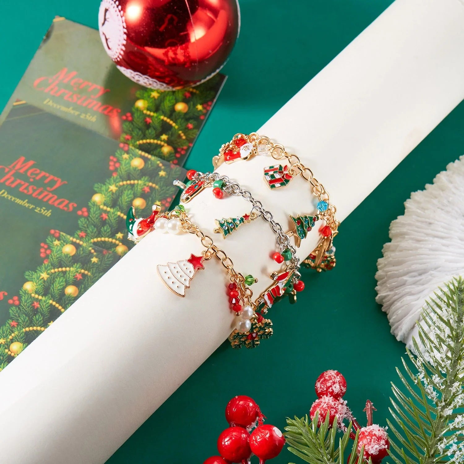Festive Christmas bracelet with charms of a Christmas tree and Santa Claus, made of premium alloy materials