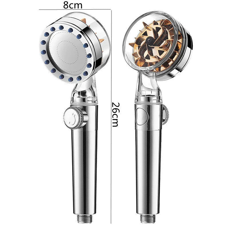 Premium high-pressure shower head with turbo boost technology, water filtration, and durable ABS and stainless steel construction