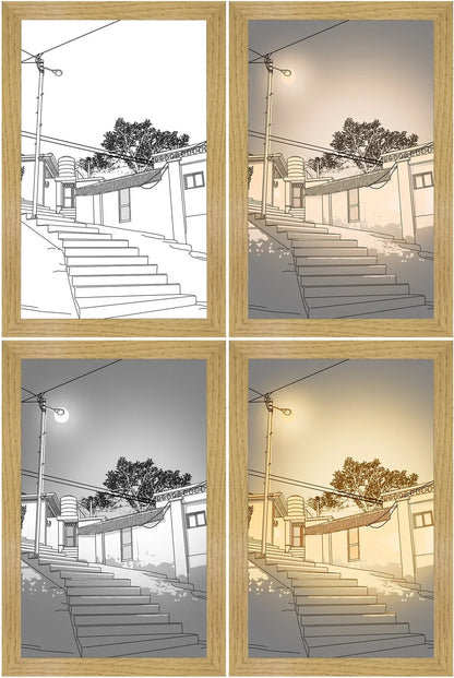 Illuminating LED picture light with customizable lighting modes, showcasing various nature scenes and cityscapes