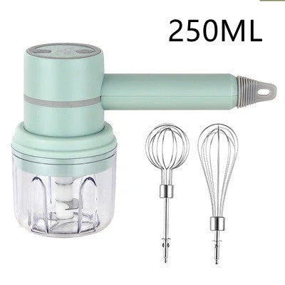 Rechargeable cordless electric hand mixer with 3-speed motor, whisk and egg beater attachments, and ergonomic design for easy baking and mixing